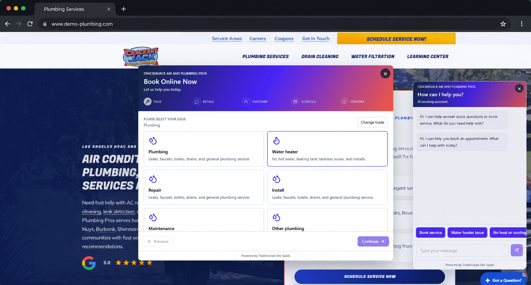 Site Spark booking widget and AI webchat embedded on a contractor website