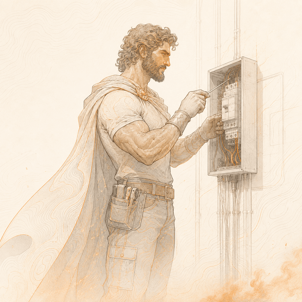 Line-art electrical contractor working on a panel