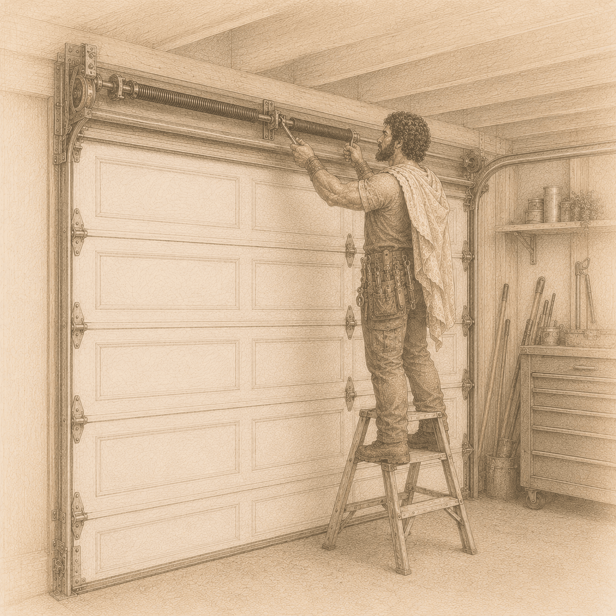 Line-art garage door contractor repairing a door