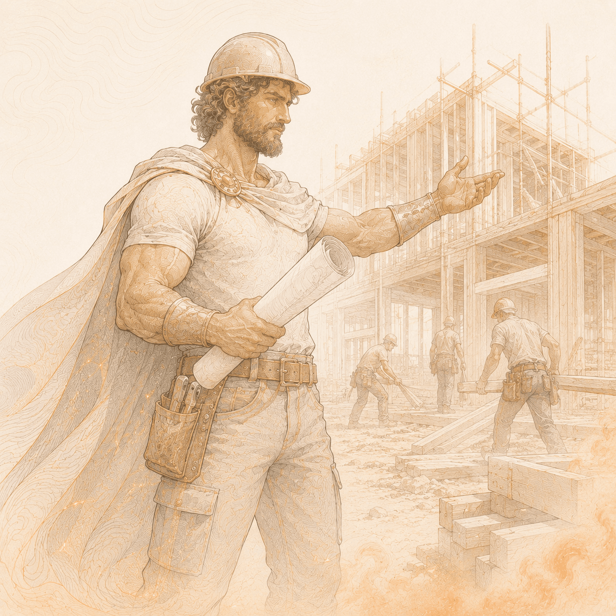 Line-art general contractor reviewing plans at a jobsite