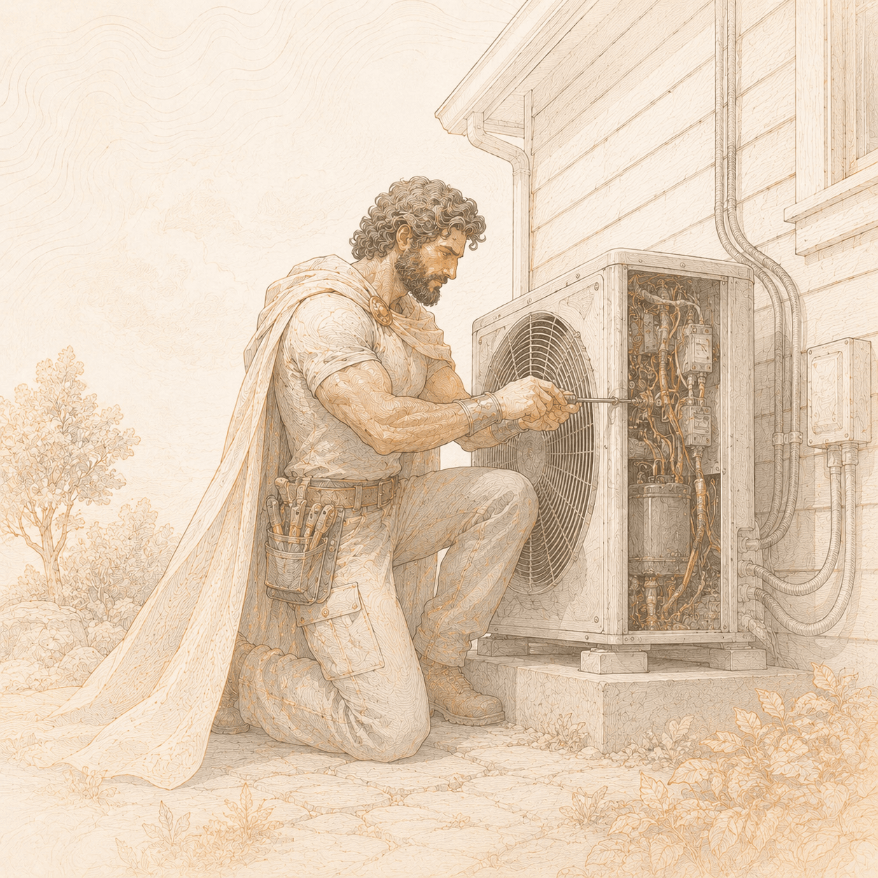 Line-art HVAC contractor servicing outdoor equipment