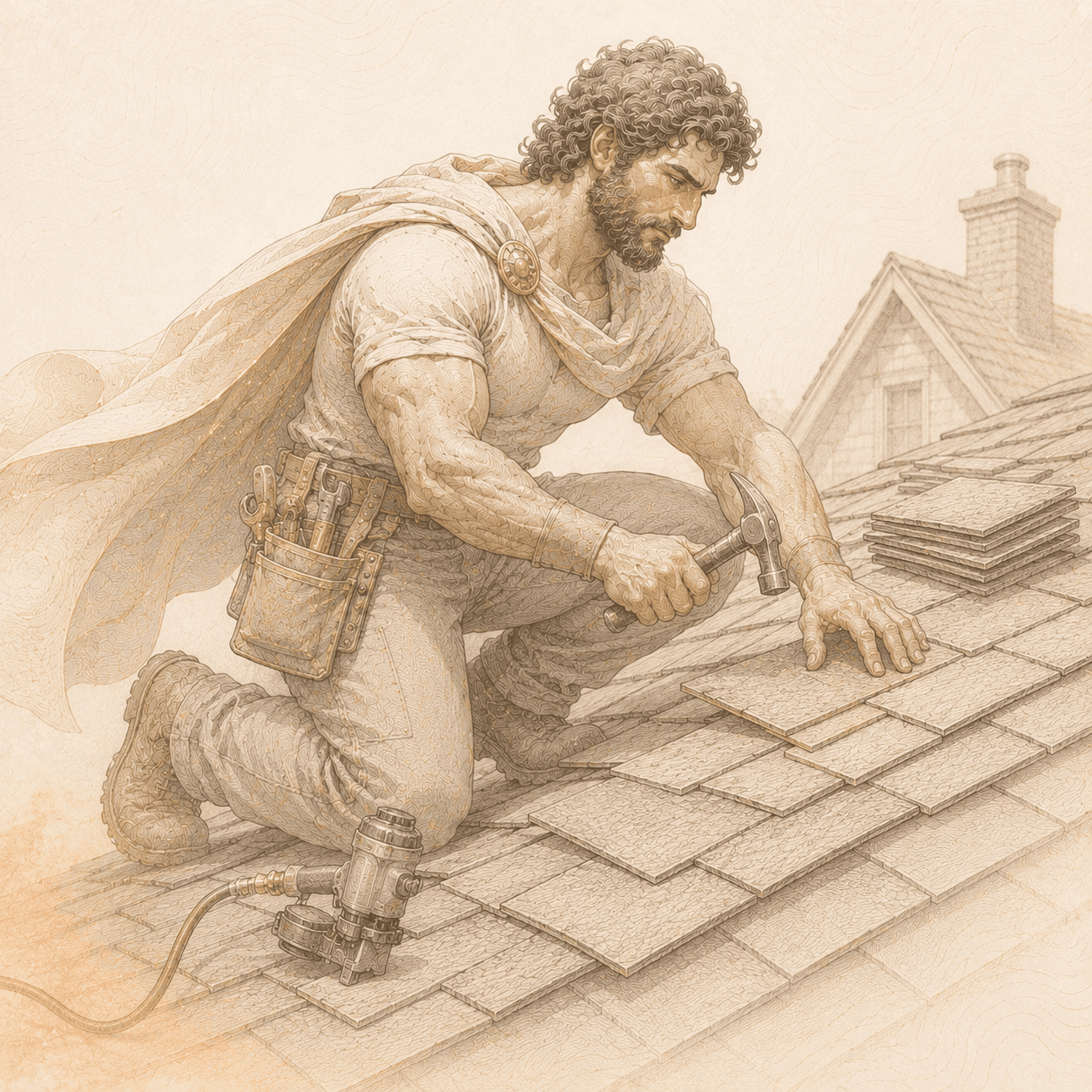 Line-art roofing contractor installing shingles