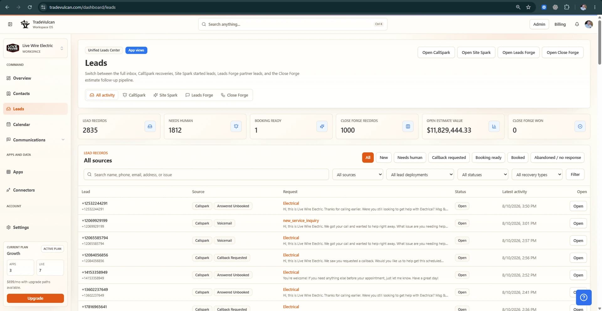TradeVulcan unified lead center dashboard