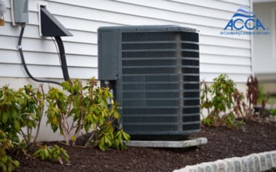 Outdoor residential air-conditioning condensing unit beside a home, illustrating the HVAC equipment covered by the NEC 210.8(F) GFCI debate.