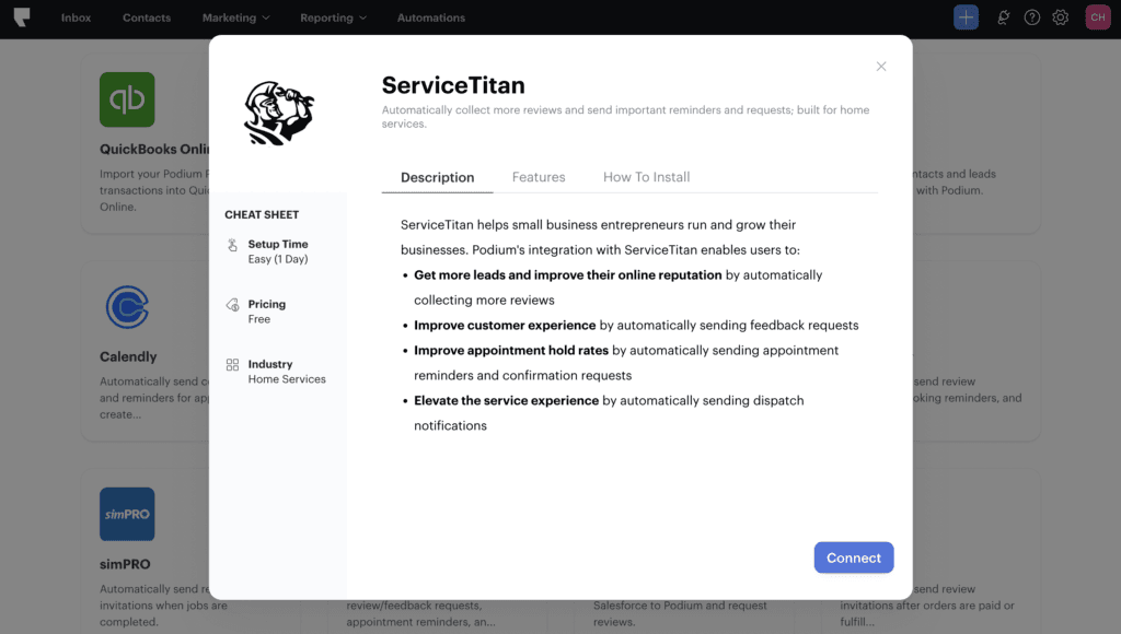 Podium marketplace screen showing its ServiceTitan integration and the workflows it advertised for home-service businesses.