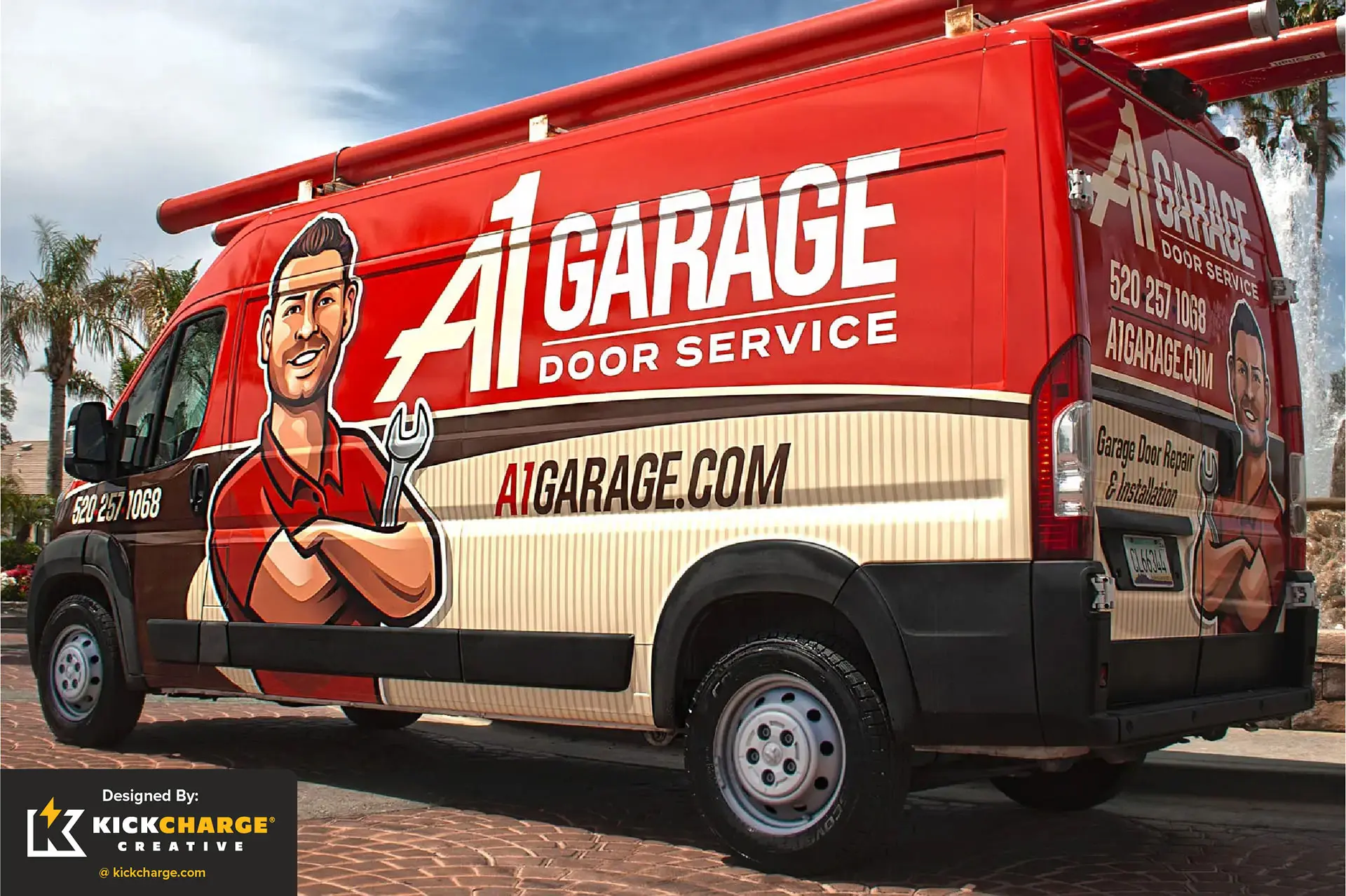Modern red A1 Garage Door Service van with the large A1 wordmark, illustrated technician mascot, website and high-contrast KickCharge-era fleet branding.