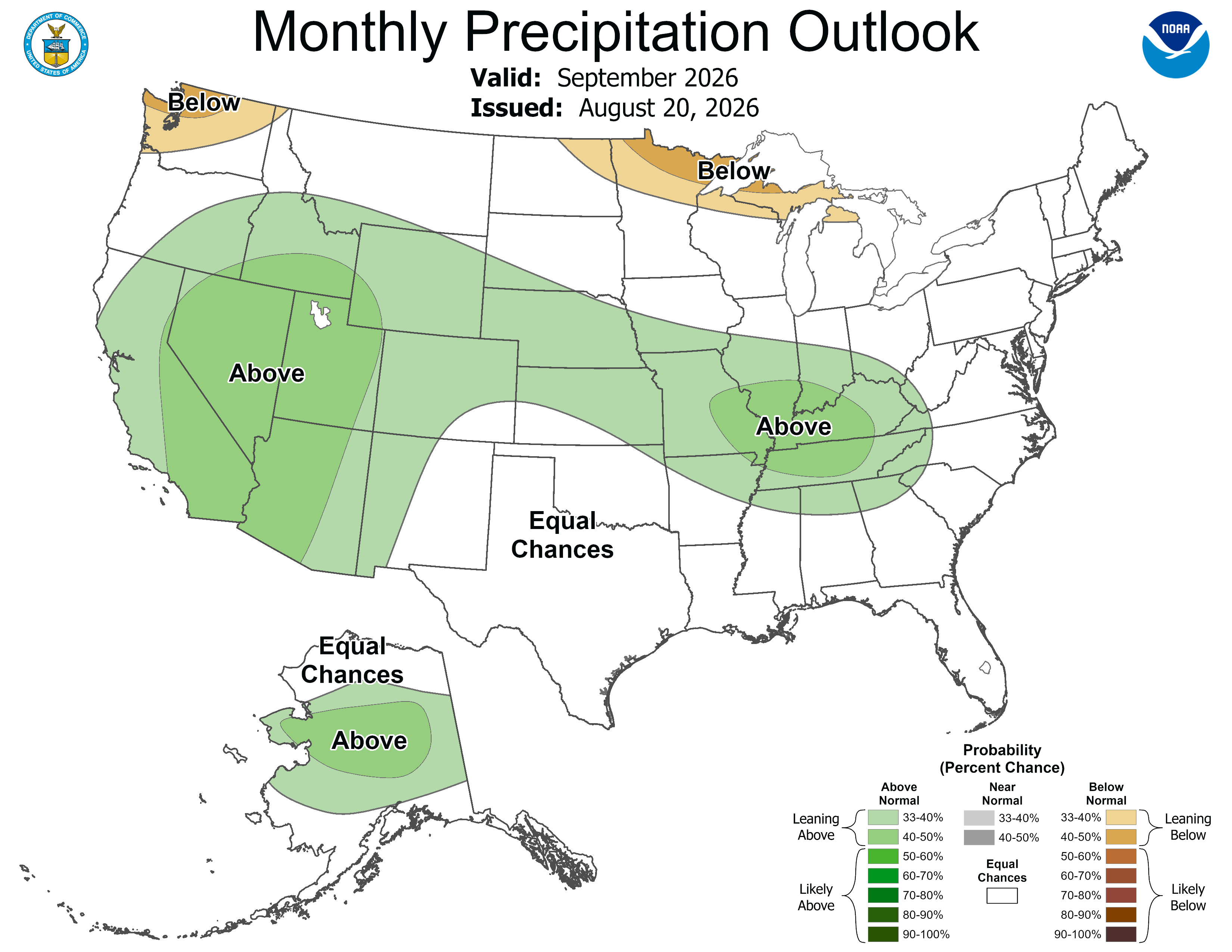 NOAA September 2026 precipitation outlook showing wetter probabilities across much of the West and slight wet signals in parts of the central United States.