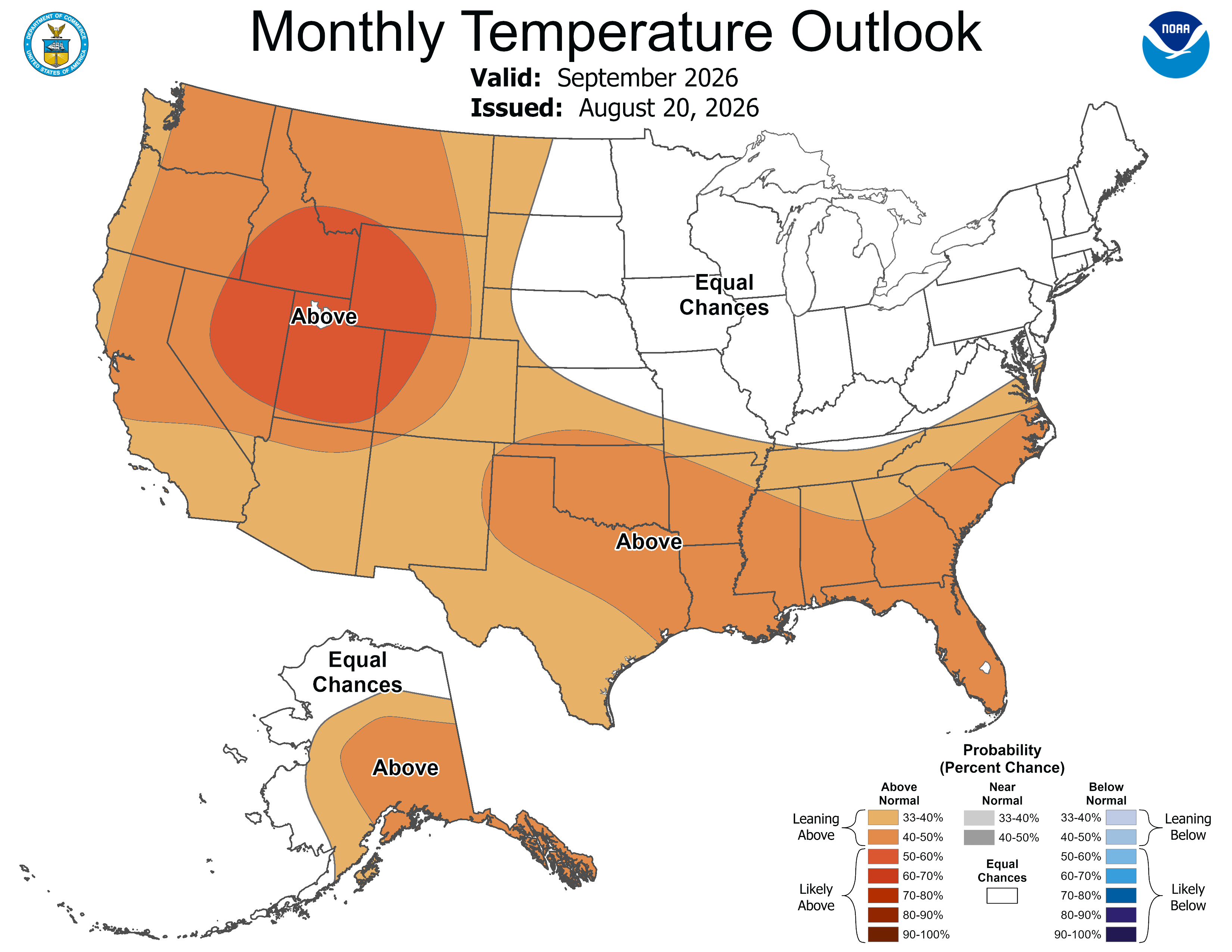NOAA September 2026 temperature outlook showing increased odds of above-normal temperatures across the western United States, southern Plains and Southeast.