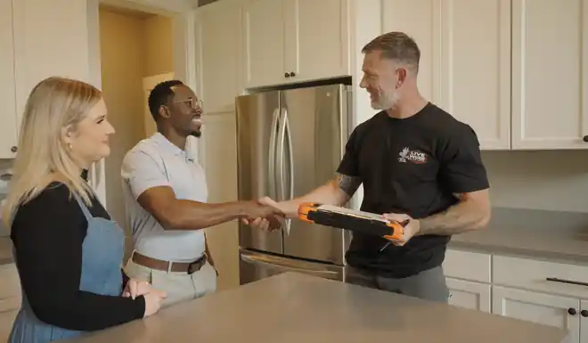 Brian McKee of Live Wire Electric shaking hands with a customer in a residential kitchen.