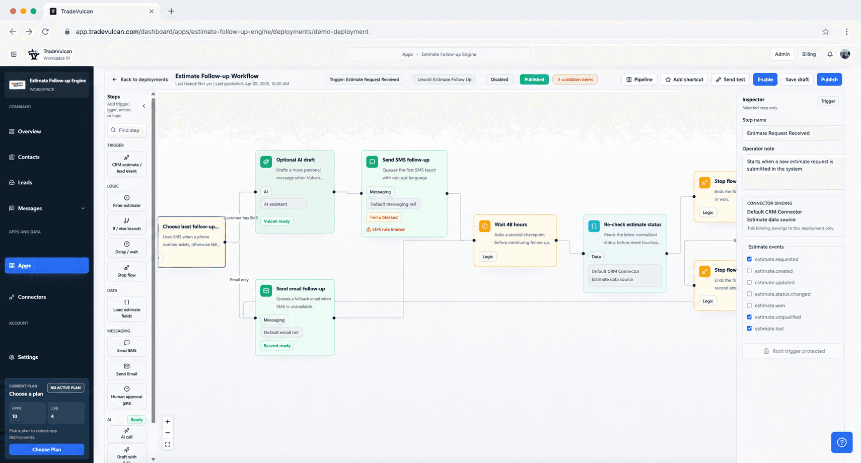 Close Forge estimate follow-up workflow builder with SMS, email, wait, and status-check steps
