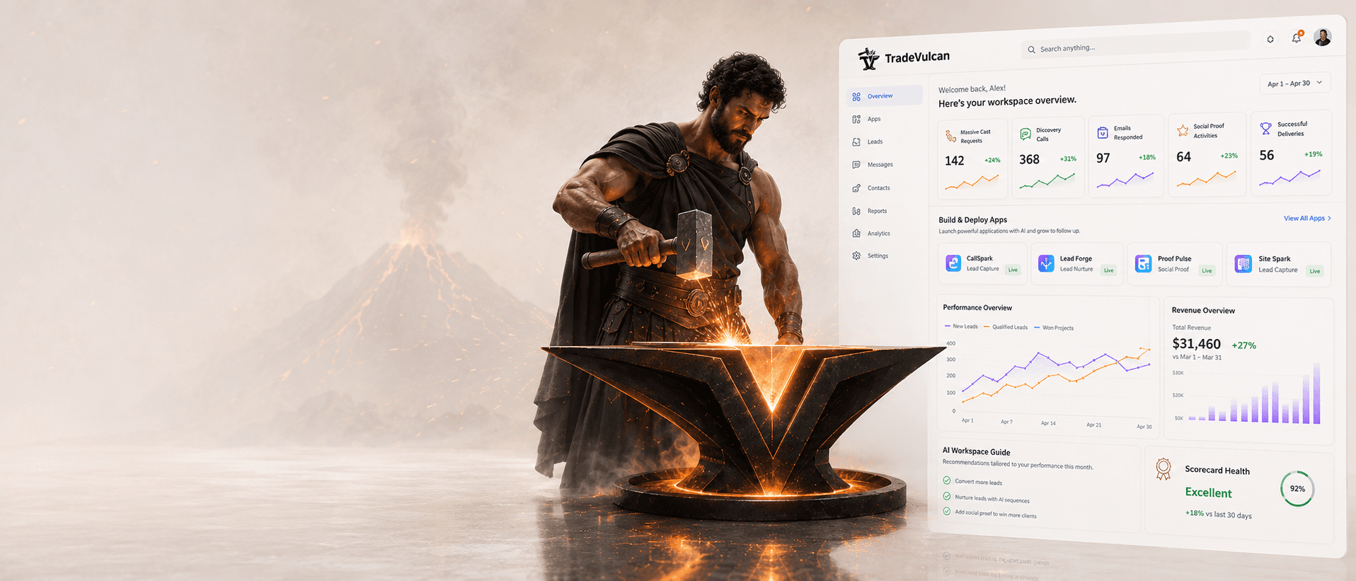 TradeVulcan forge hero with a contractor growth dashboard, anvil, and connected workflow command center