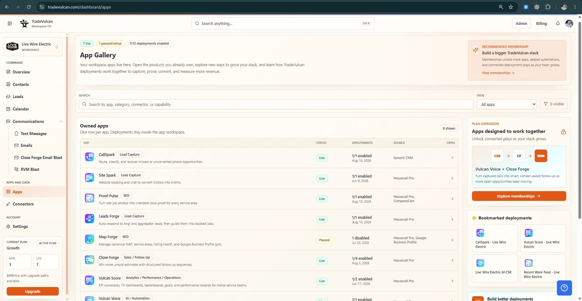 TradeVulcan app gallery showing current apps and deployment status