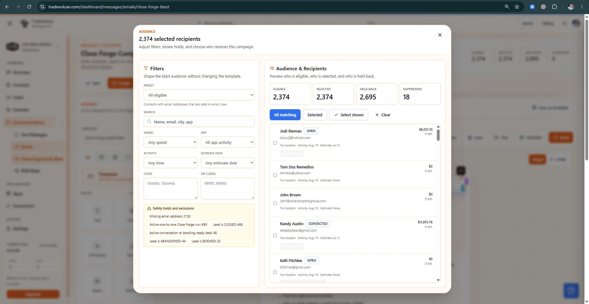 Close Forge email audience selection workspace