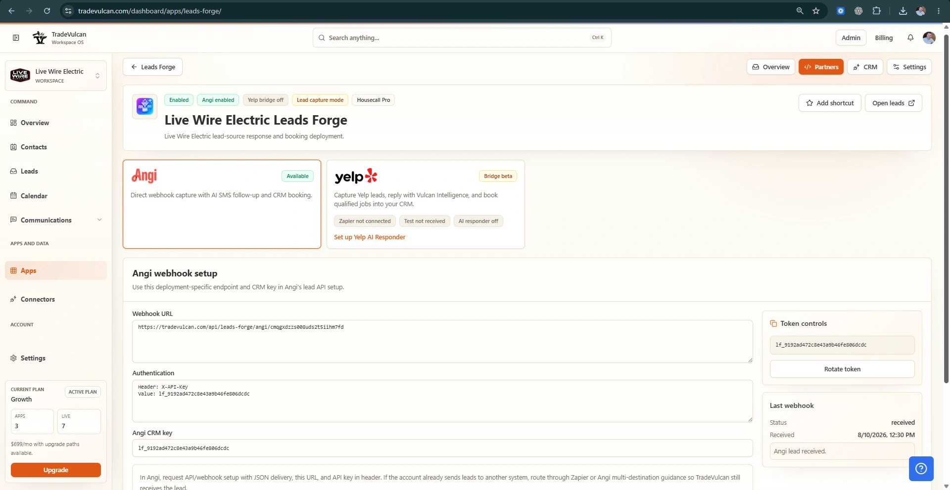 Leads Forge setup workspace with lead-source and webhook configuration