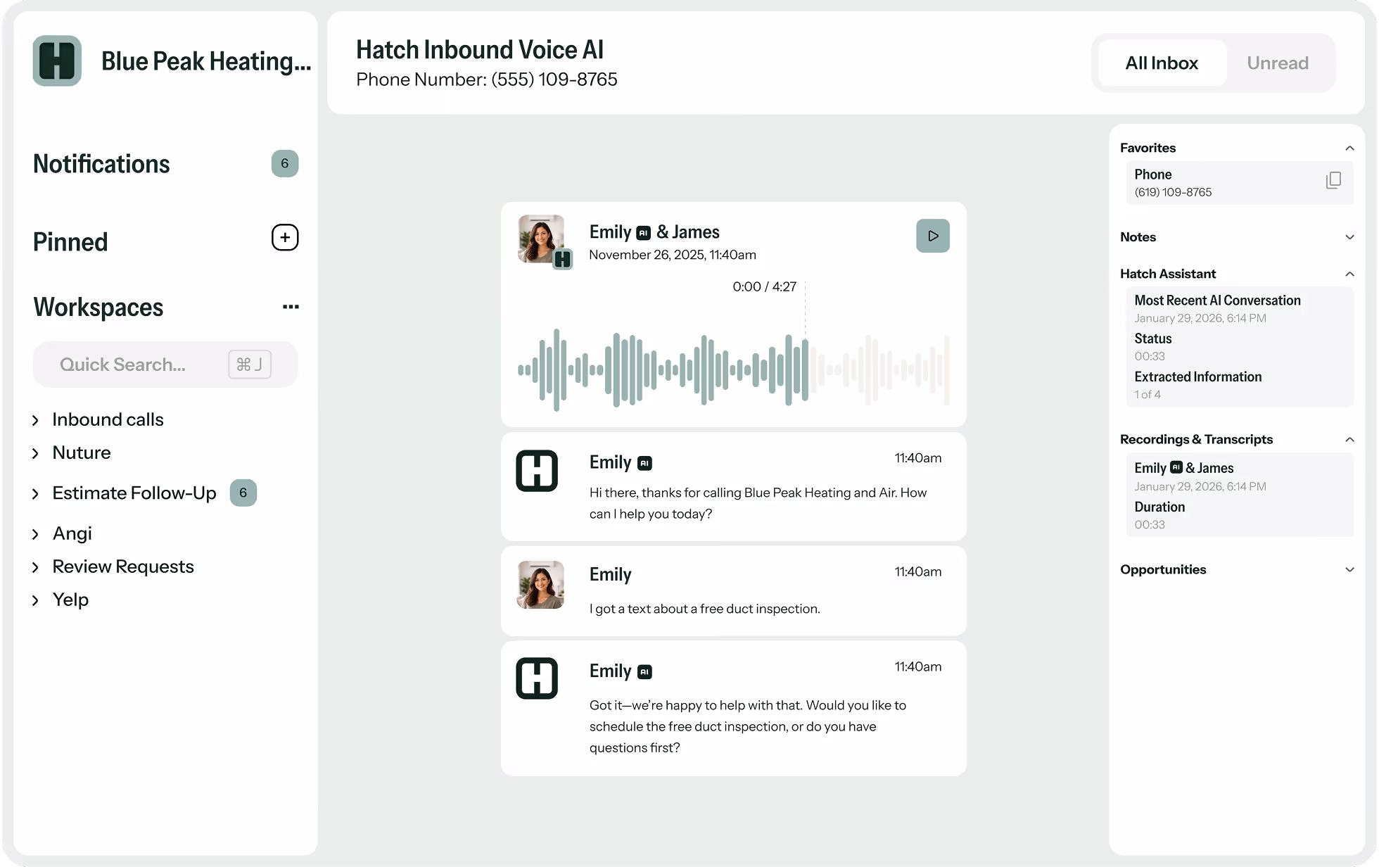 Hatch Voice AI interface showing a home-service call about scheduling a duct inspection, with a call waveform, conversation transcript and operational navigation.