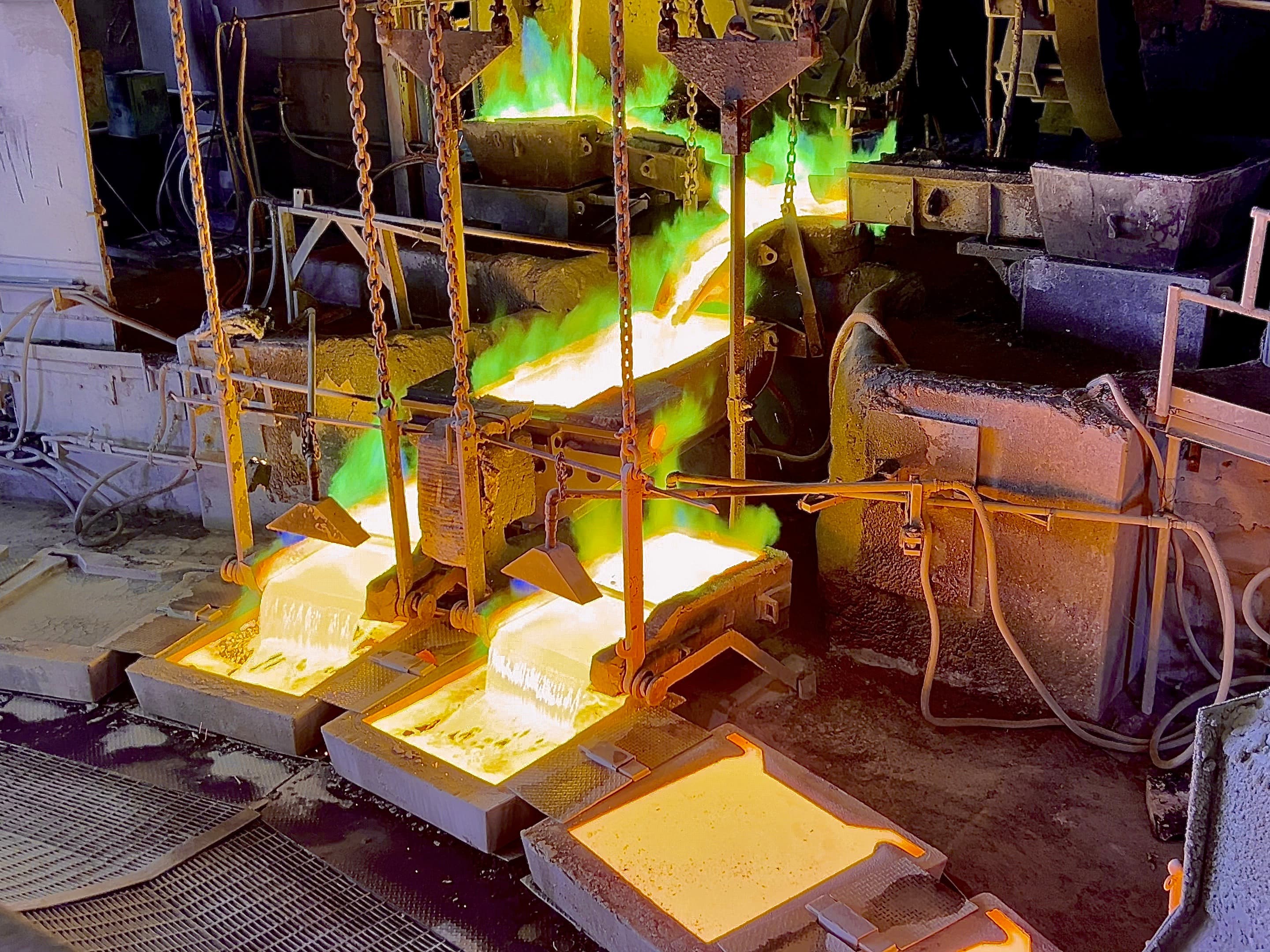 Molten copper being poured into anode molds at a copper smelter in Miami, Arizona.