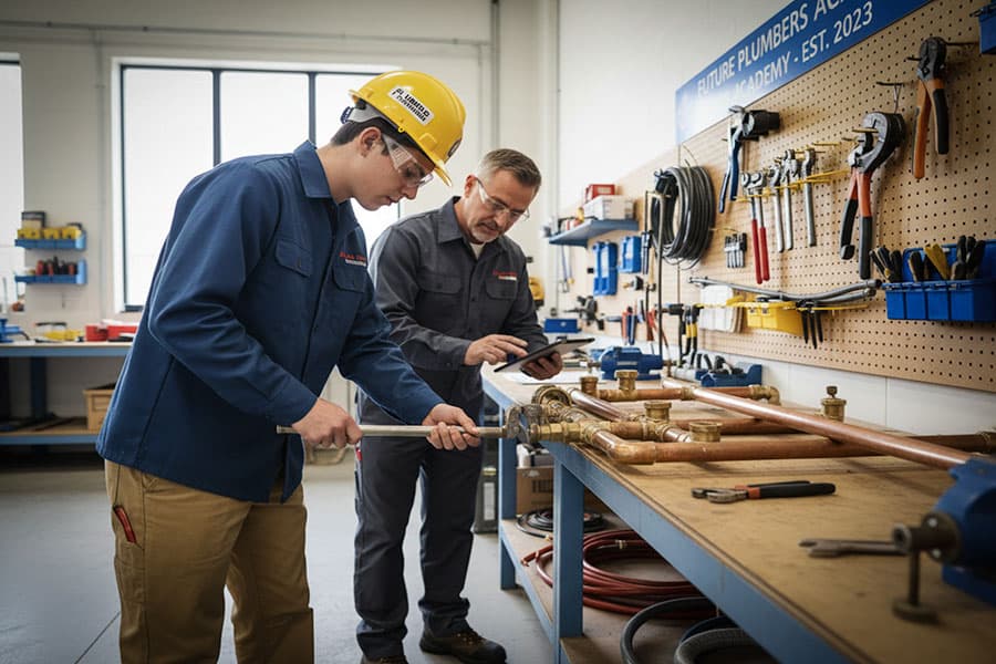 Plumbing apprentice practicing copper piping work with an instructor in a hands-on trade training shop.