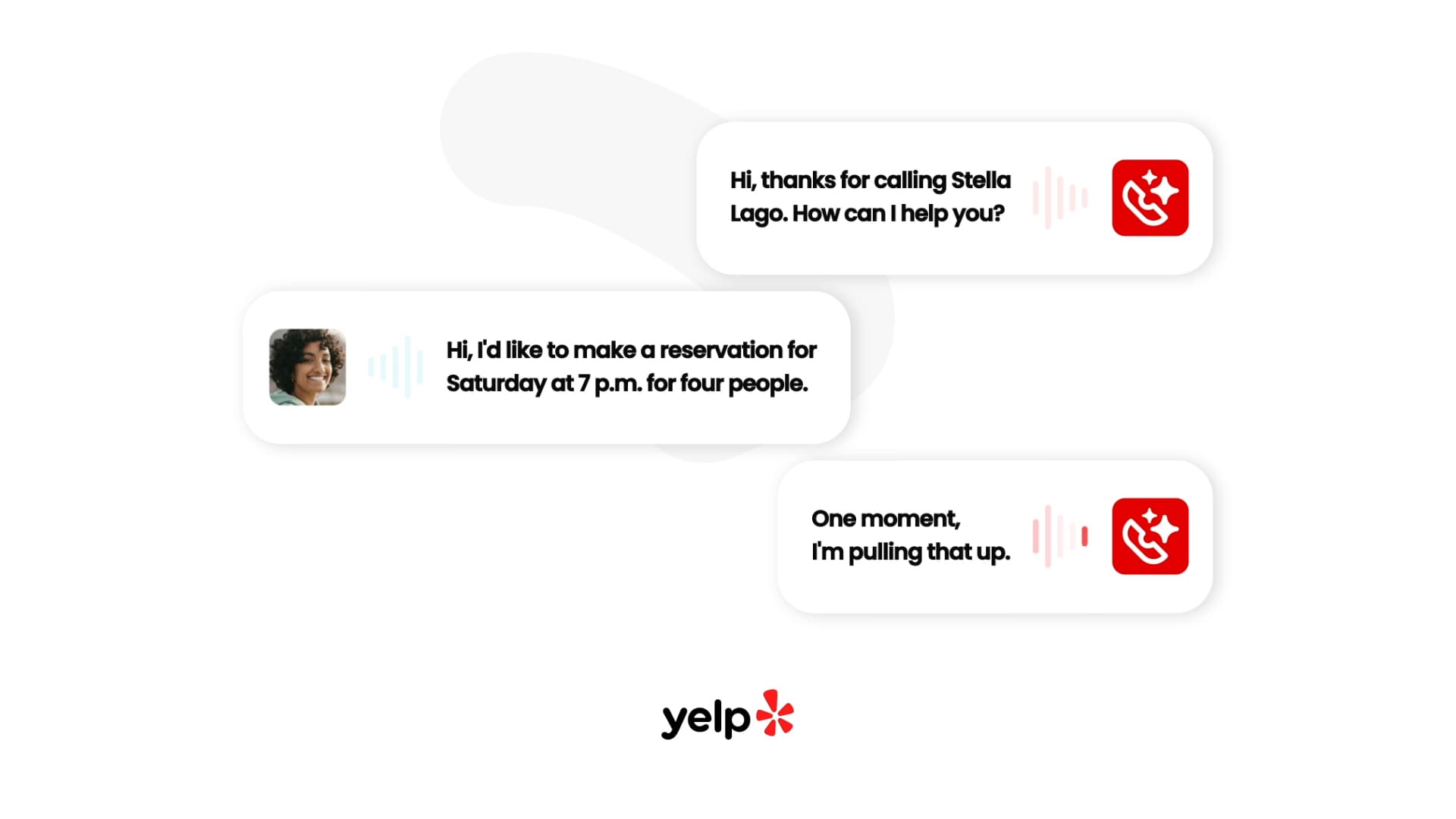 Official Yelp demonstration graphic showing a GPT-Live-1 voice AI conversation interface with the Yelp logo, illustrating the voice model Yelp and Hatch are using for business calls.