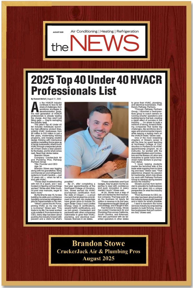 Brandon Stowe ACHR NEWS 2025 Top 40 Under 40 HVACR Professionals recognition plaque