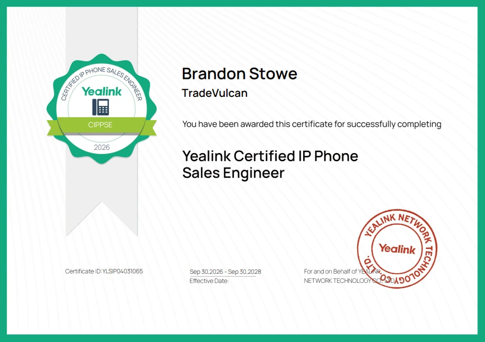 Brandon Stowe, TradeVulcan: Yealink Certified IP Phone Sales Engineer certificate, September 2026 to September 2028