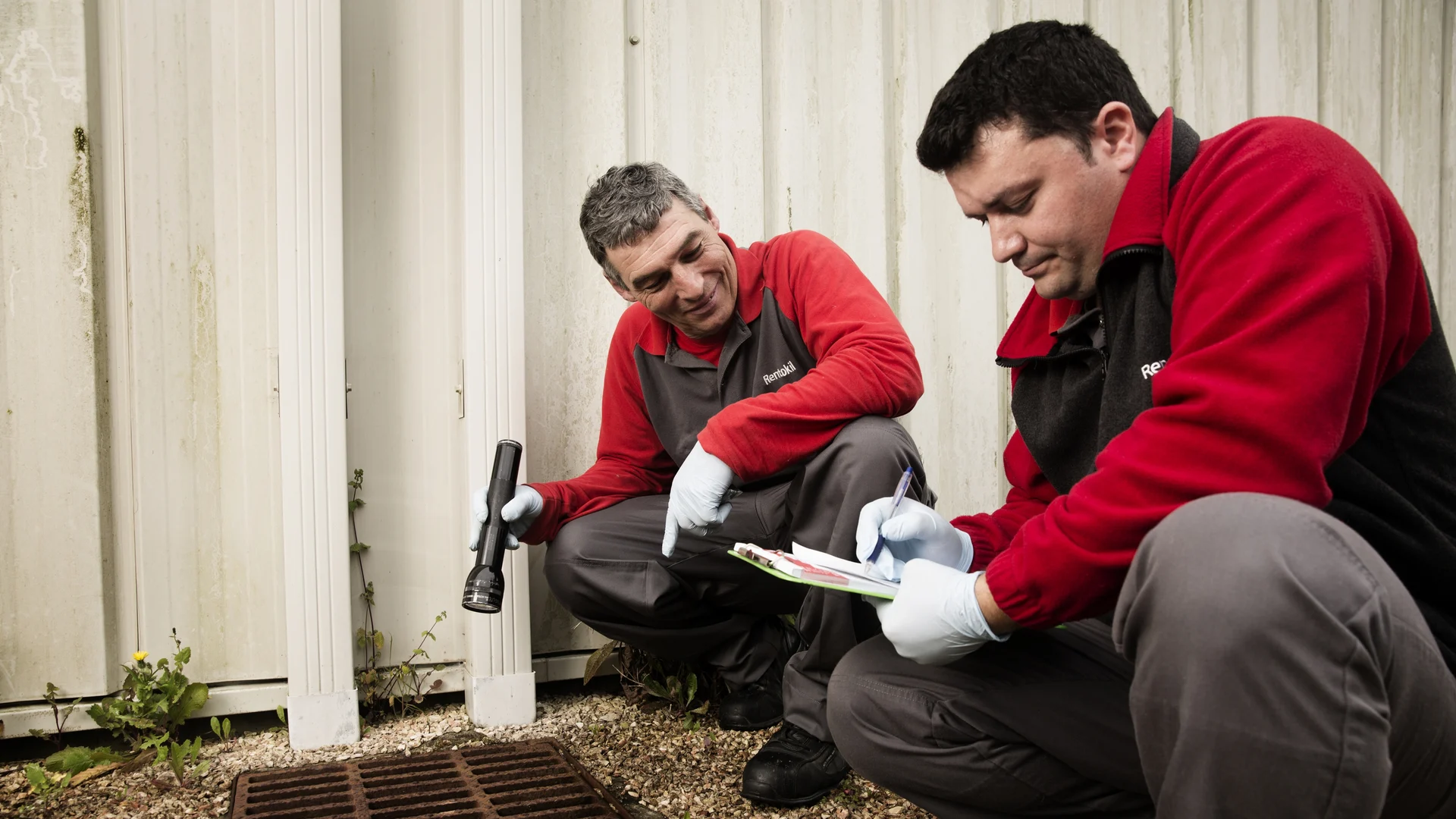 Two Rentokil technicians inspect an exterior drain beside a building, using a flashlight and recording their observations.