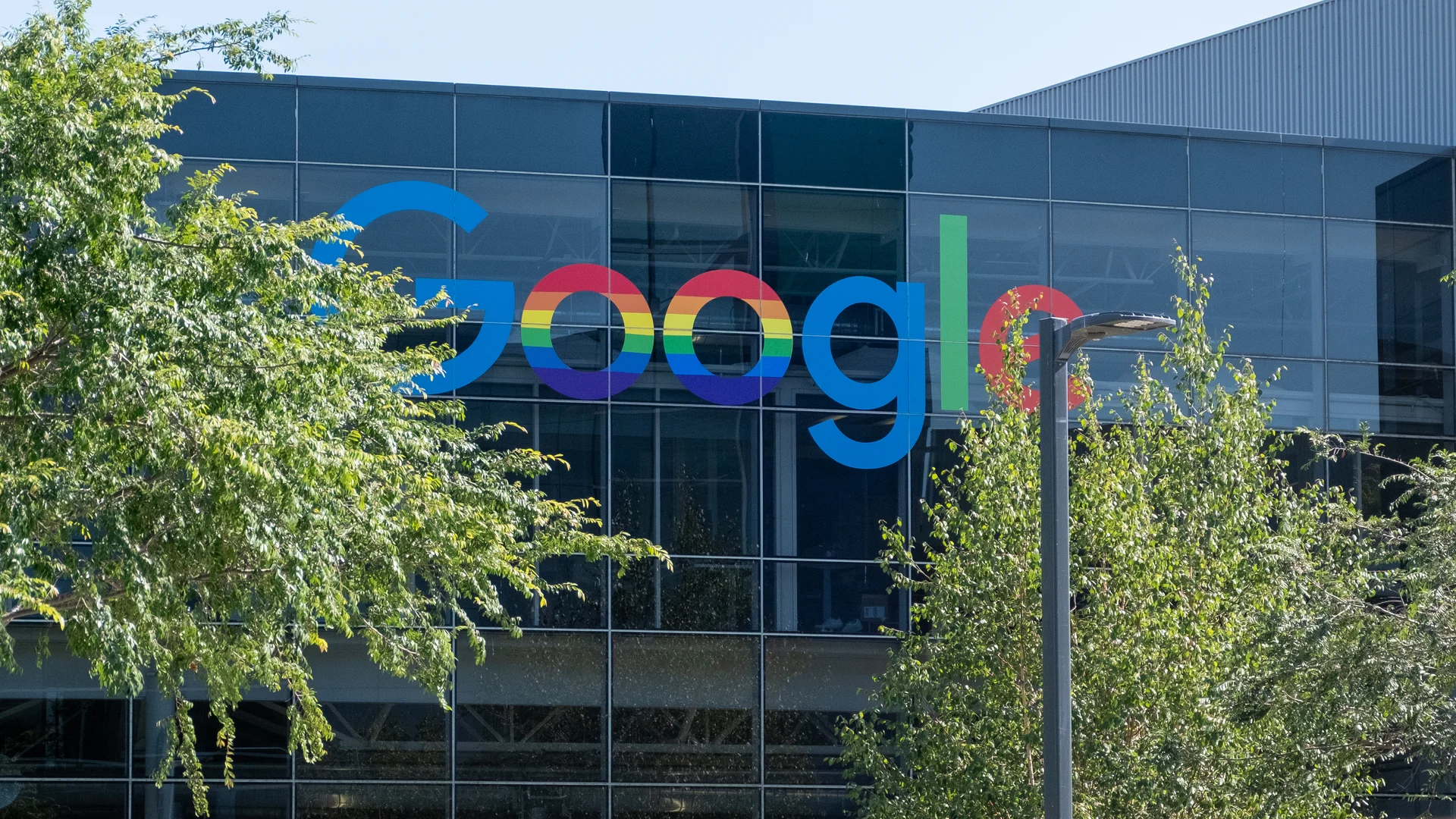 Google lettering on a building at the Googleplex in Mountain View, California.