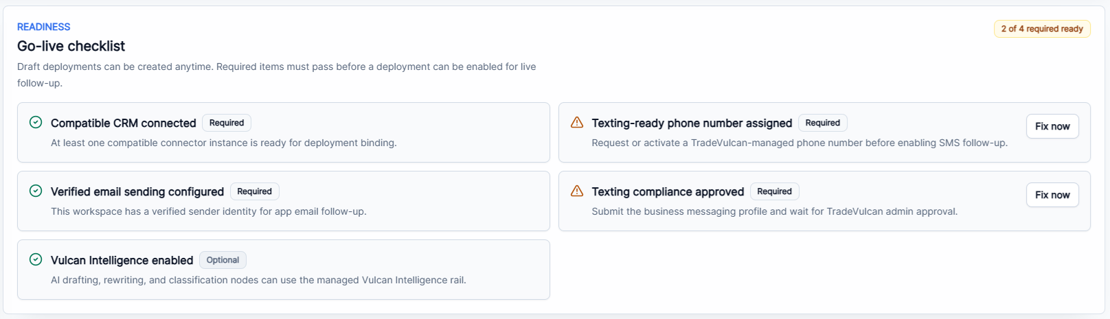 Close Forge go-live checklist showing CRM connected and email sending configured, with phone number and texting compliance still needing attention.
