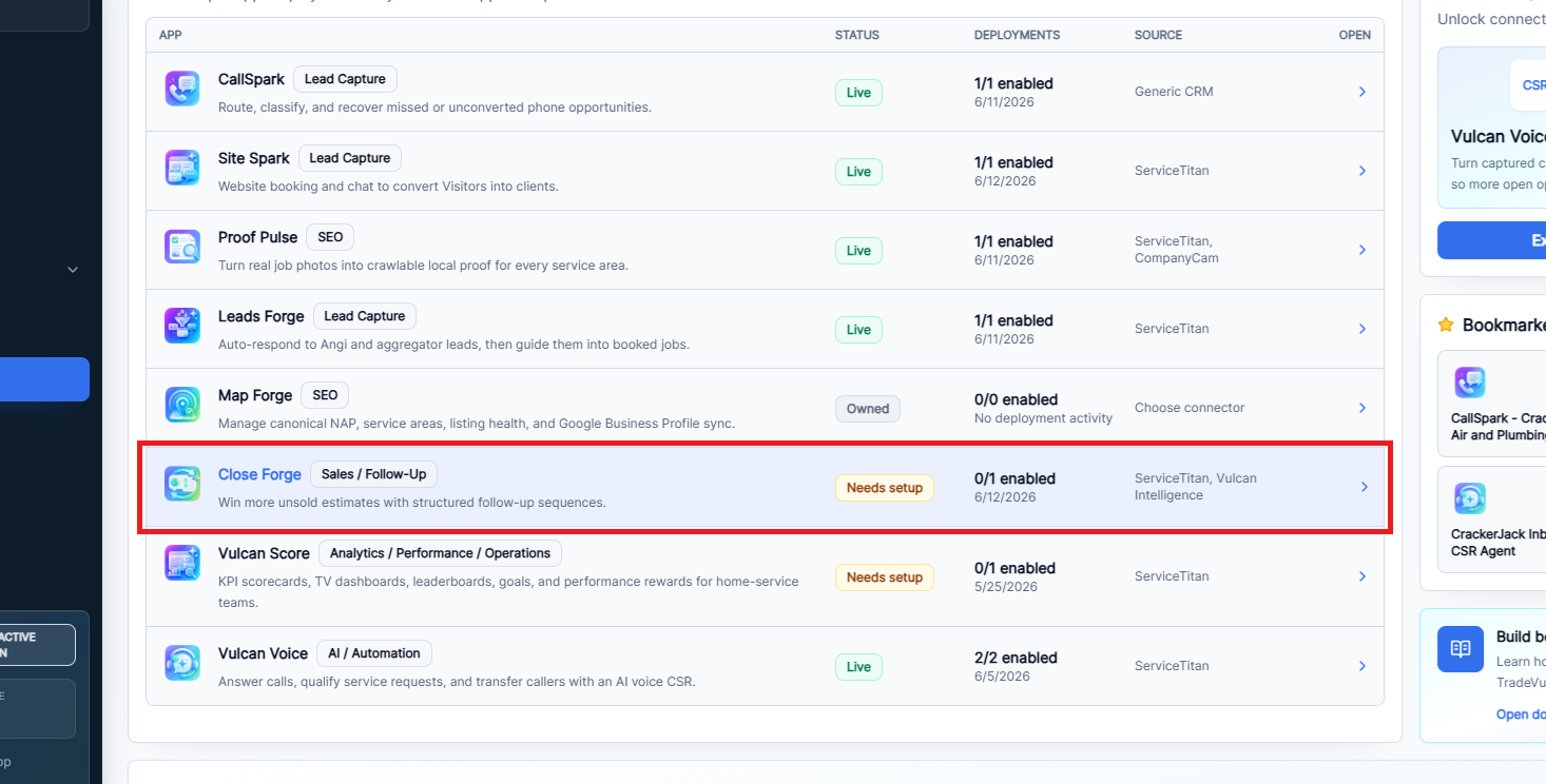 Close Forge highlighted in the TradeVulcan app gallery with setup status, deployment count, and source connector information.