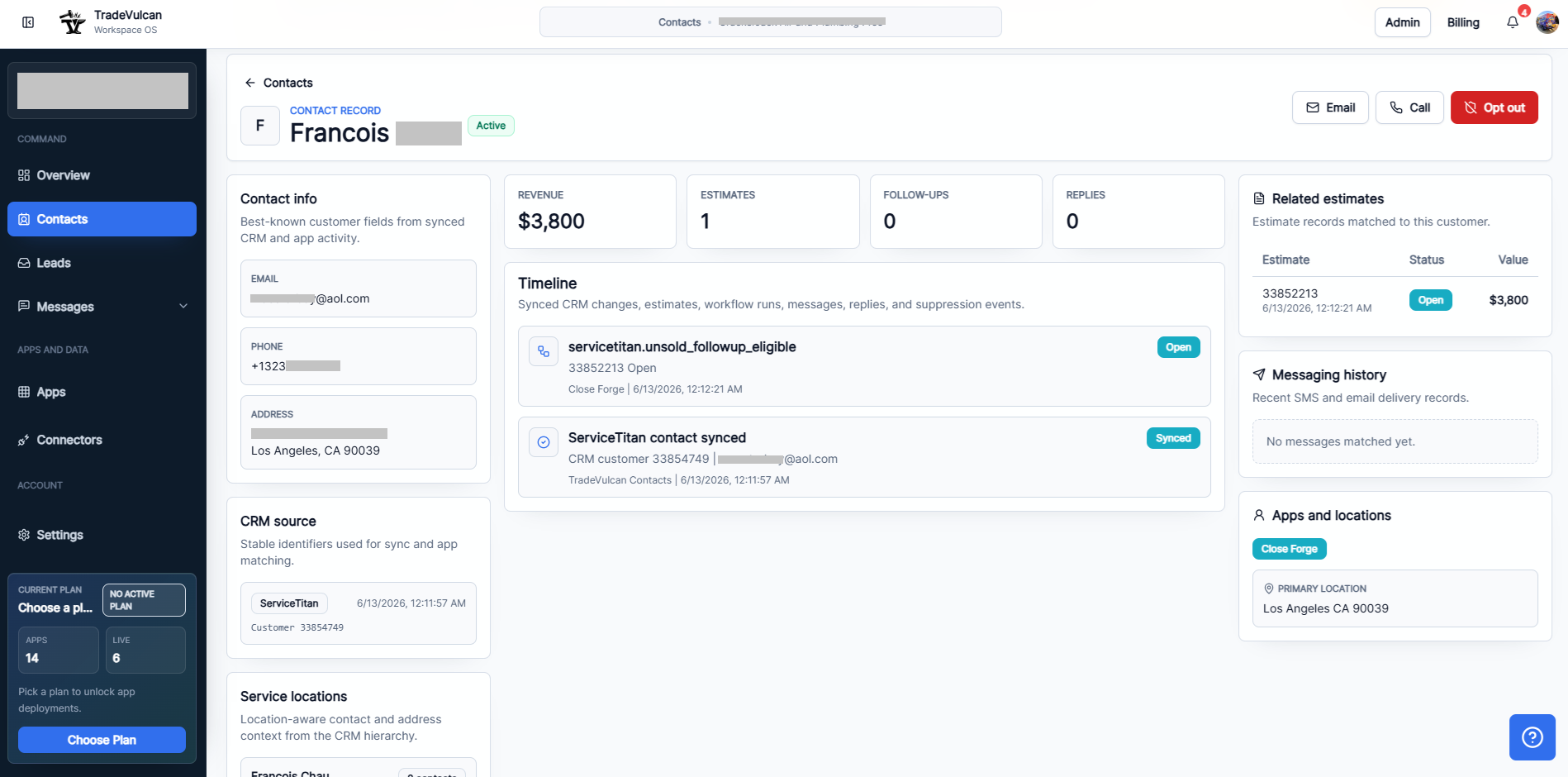 TradeVulcan contact record showing contact info, CRM source, revenue, estimates, follow-ups, replies, related estimates, timeline, messaging history, and apps and locations.