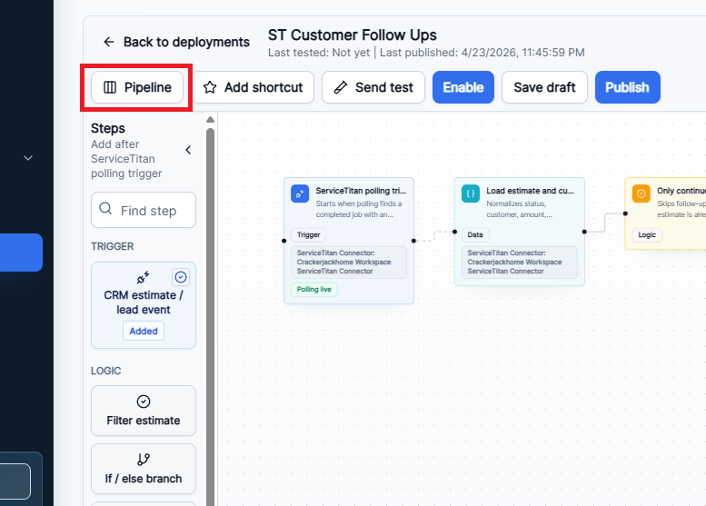 Close Forge builder with Pipeline button highlighted for opening the lead pipeline.