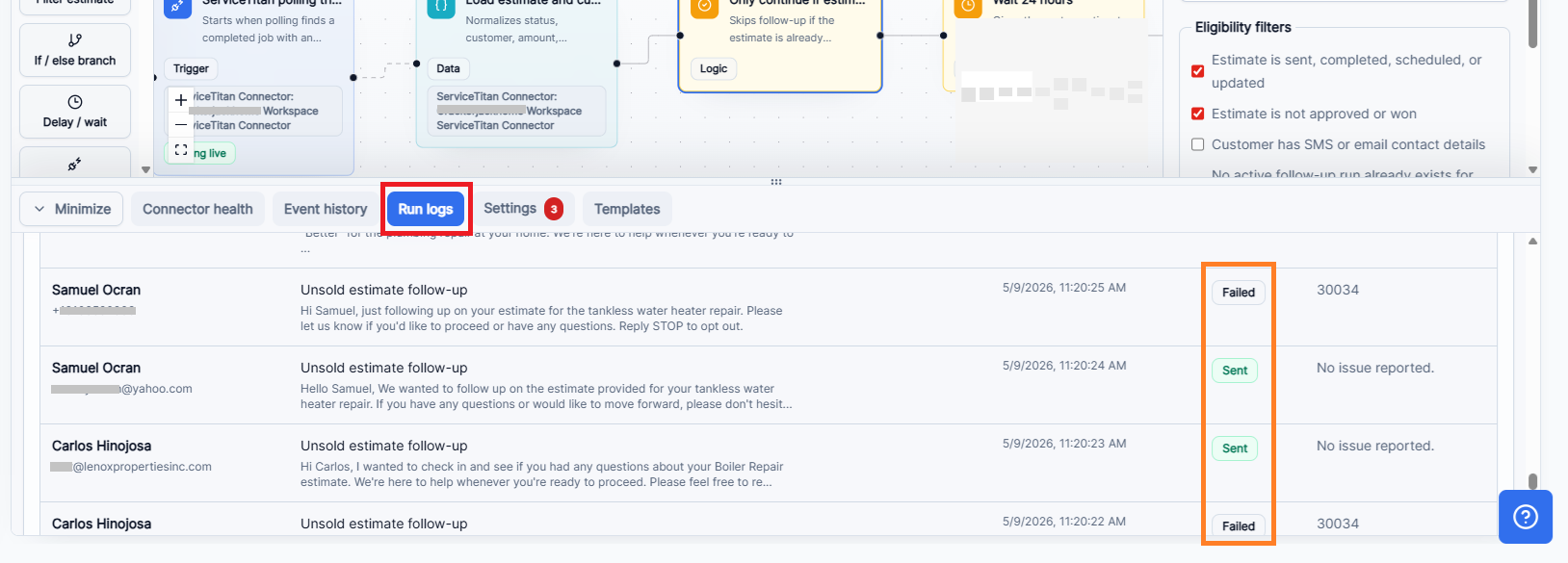 Close Forge run logs with customer rows, message previews, timestamps, sent and failed statuses, and provider notes.