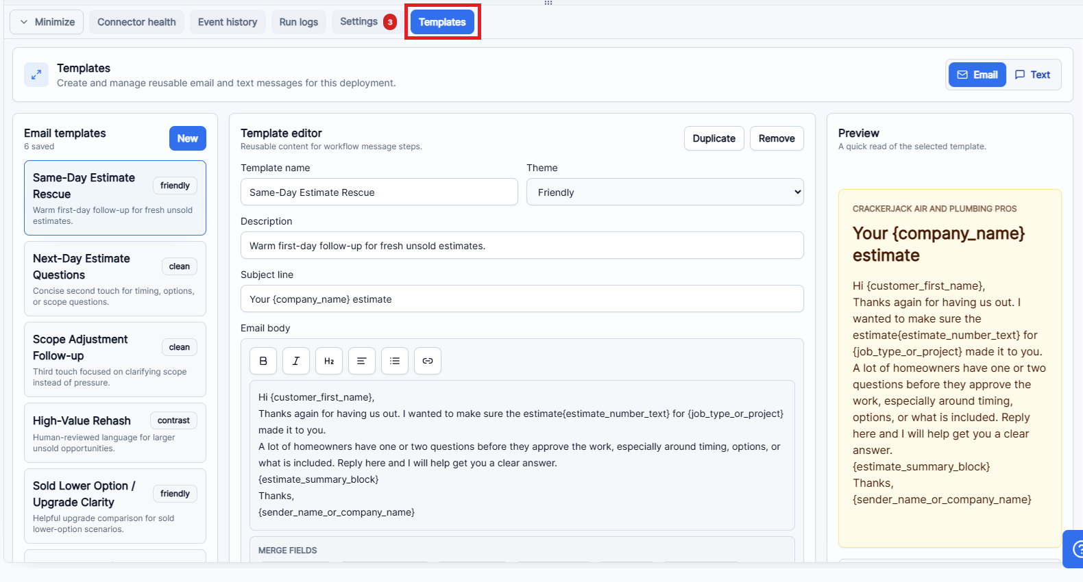 Close Forge templates panel with reusable email templates, template editor, merge fields, and preview.