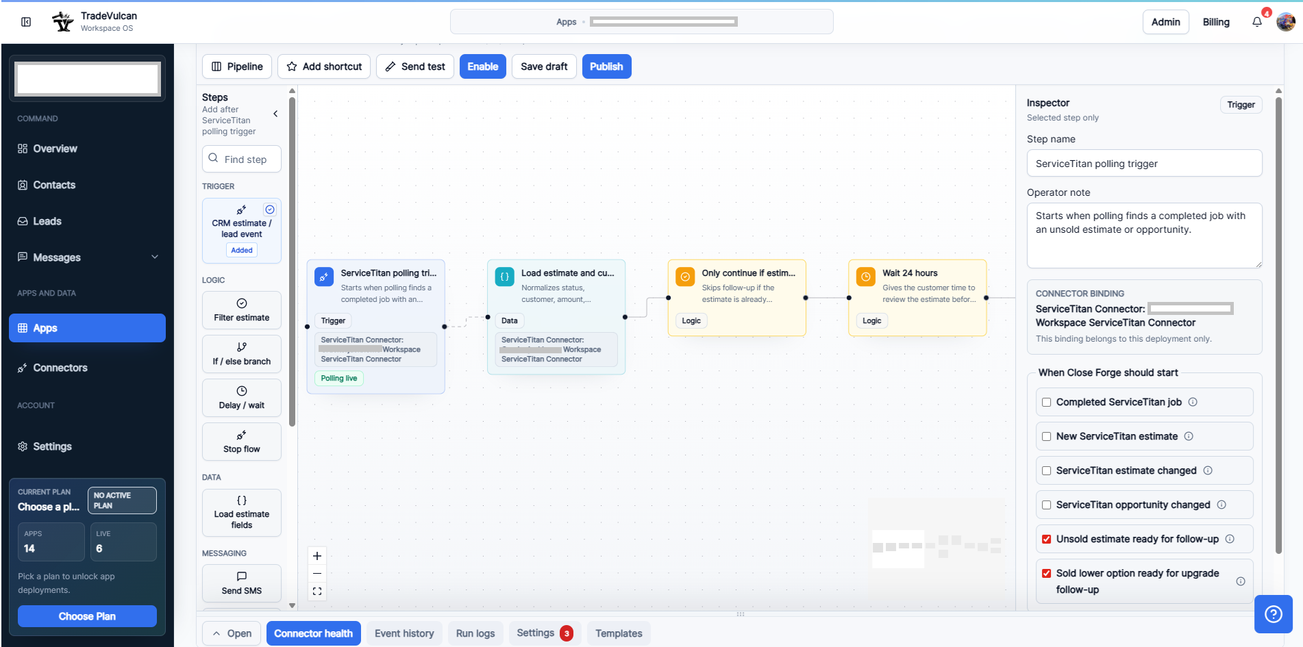 Close Forge visual follow-up builder showing a ServiceTitan trigger, load estimate step, filter step, wait step, and inspector controls.