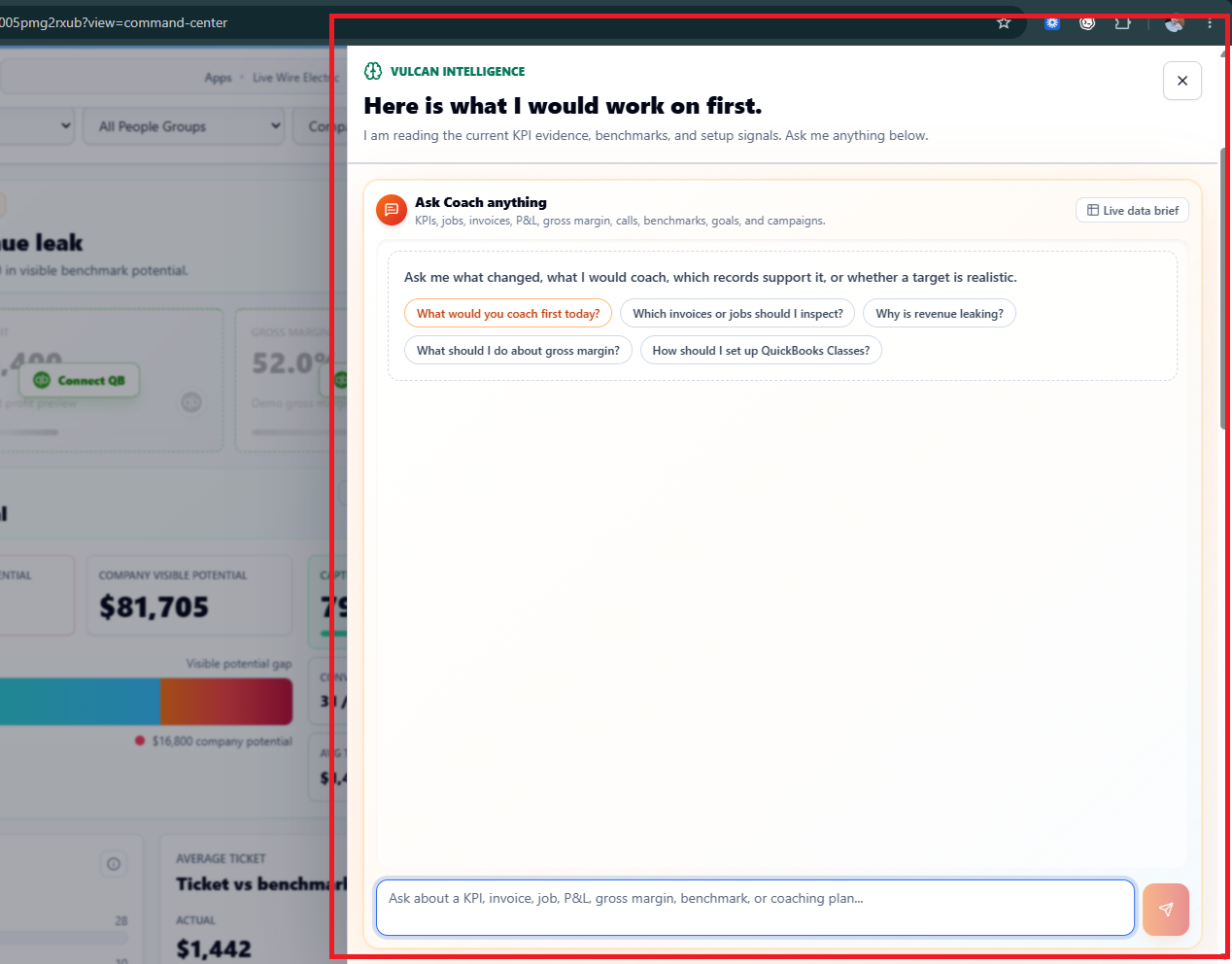 Ask Coach anything chat interface with suggested prompts for coaching, invoices, revenue leakage, gross margin, and QuickBooks Classes.