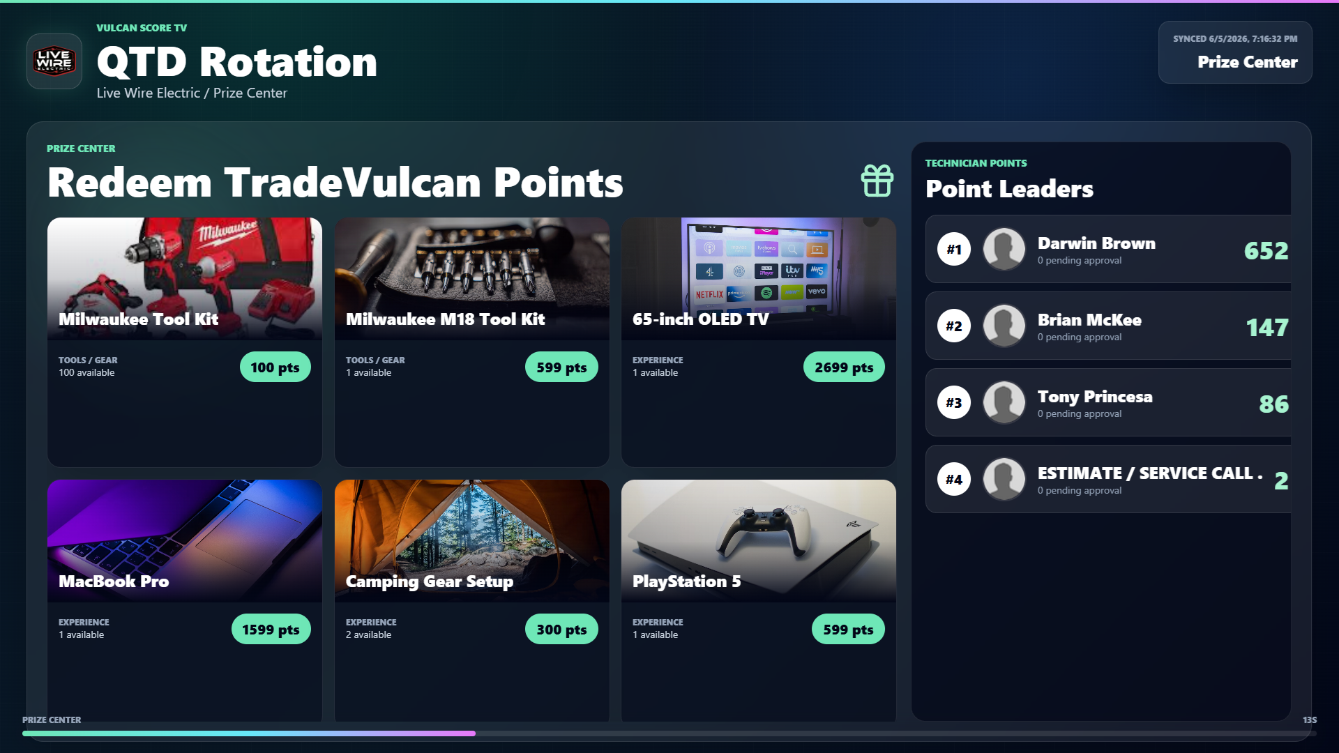 Vulcan Score TV prize center showing rewards, point costs, and technician point leaders.