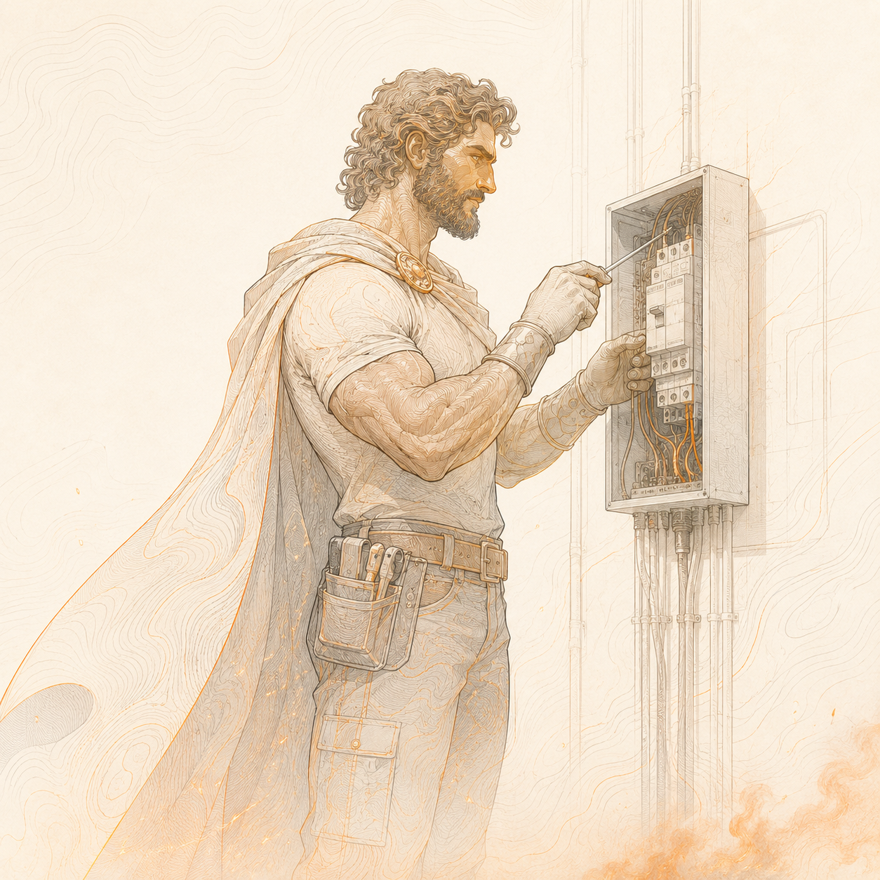 Line-art electrical contractor working on a panel