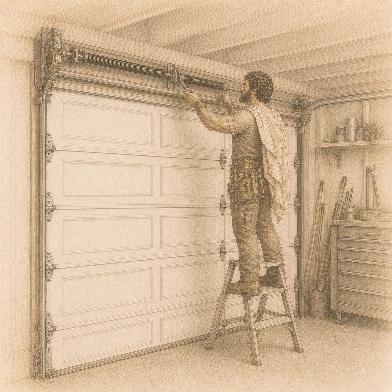 Line-art garage door contractor repairing a door