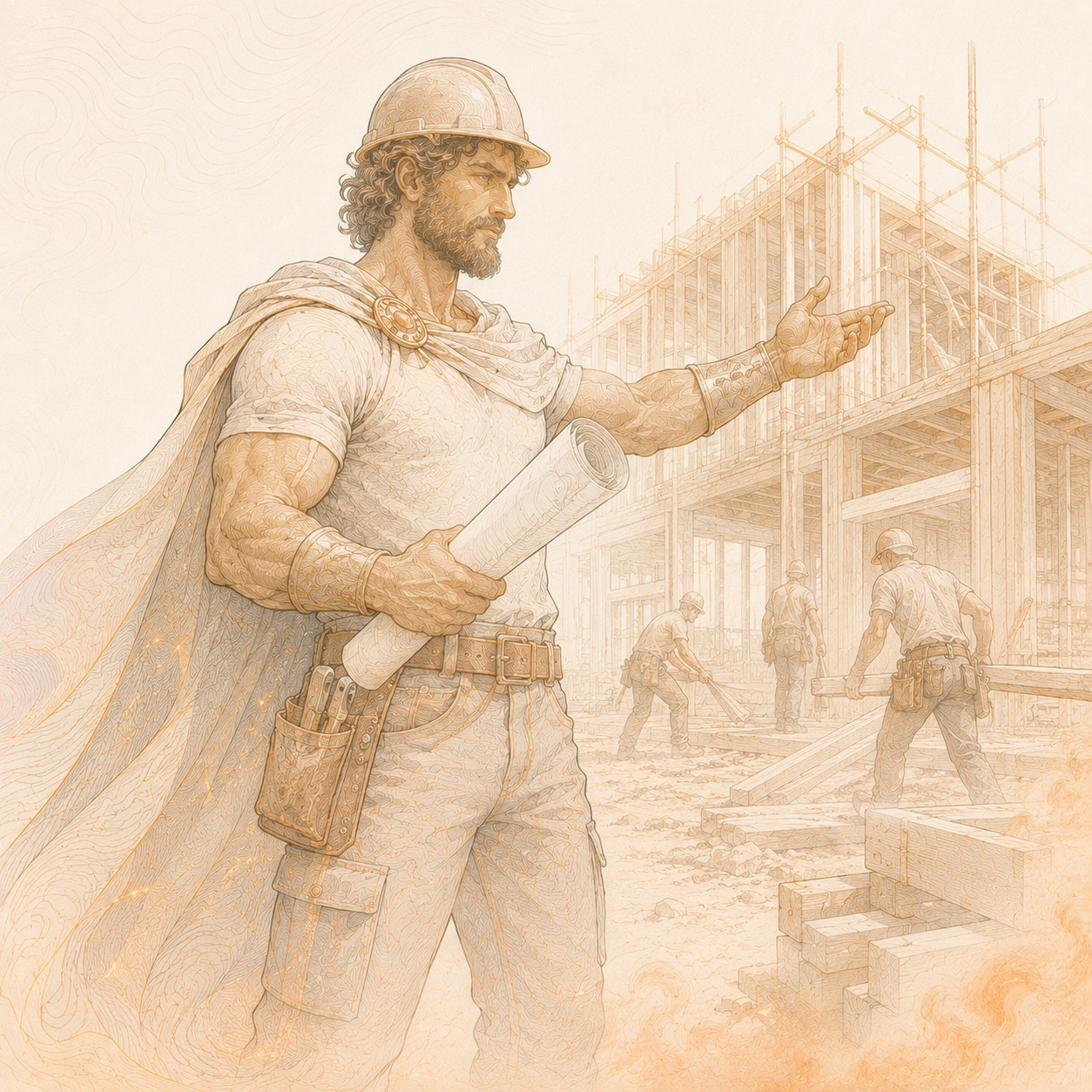 Line-art general contractor reviewing plans at a jobsite