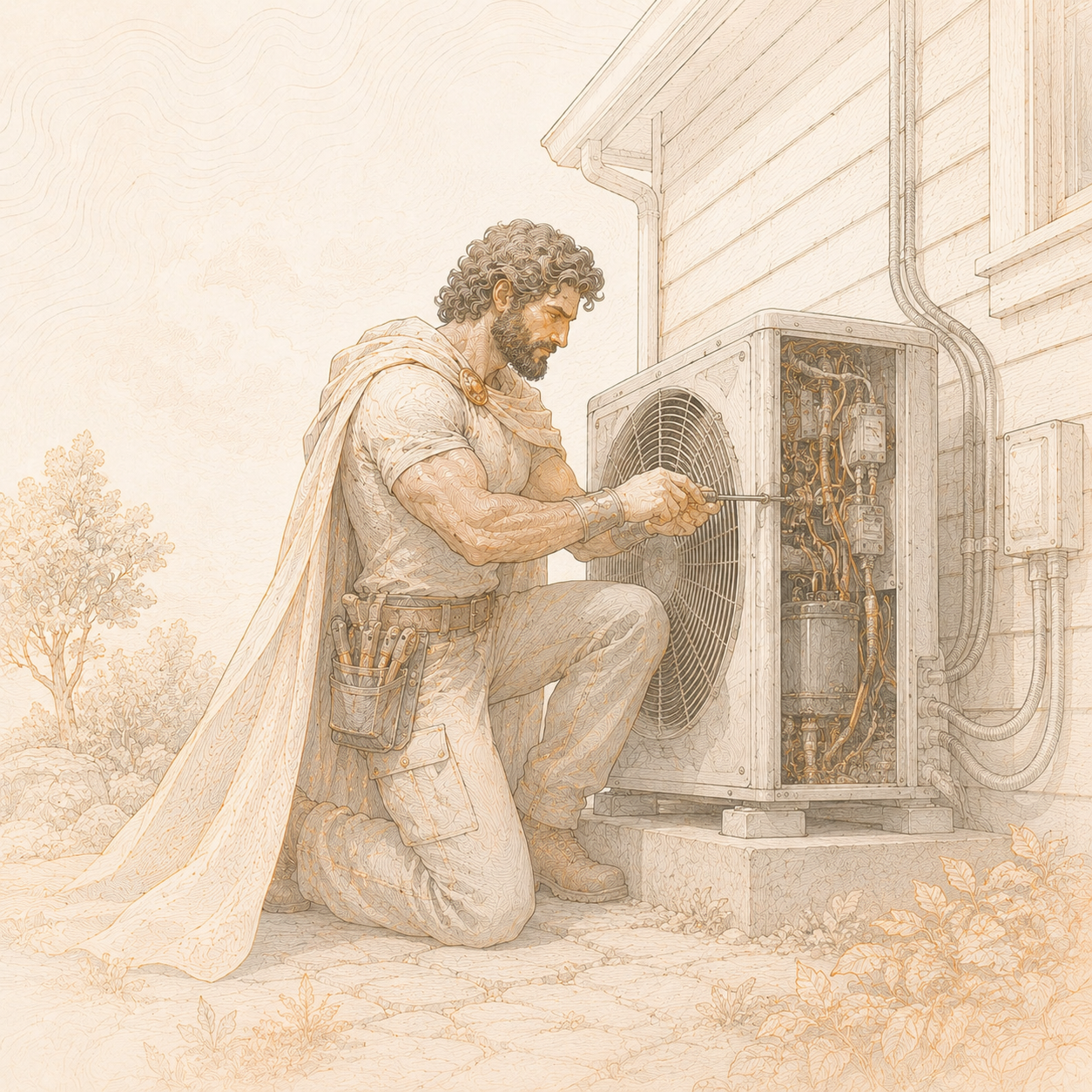 Line-art HVAC contractor servicing outdoor equipment