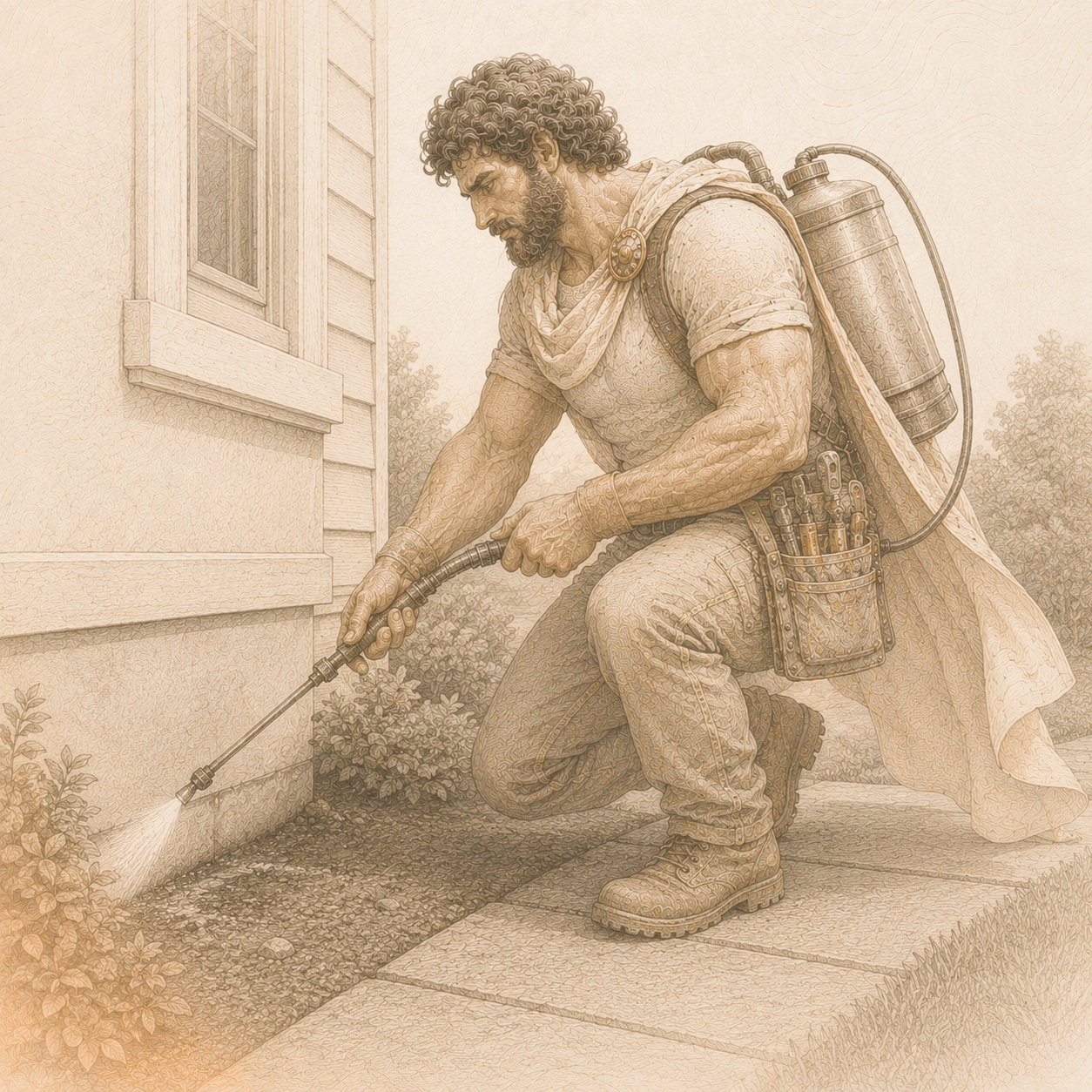 Line-art pest control contractor treating a home exterior