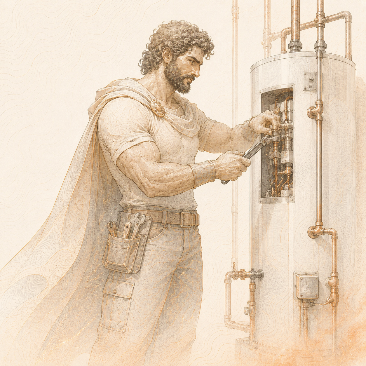 Line-art plumbing contractor servicing water heater equipment