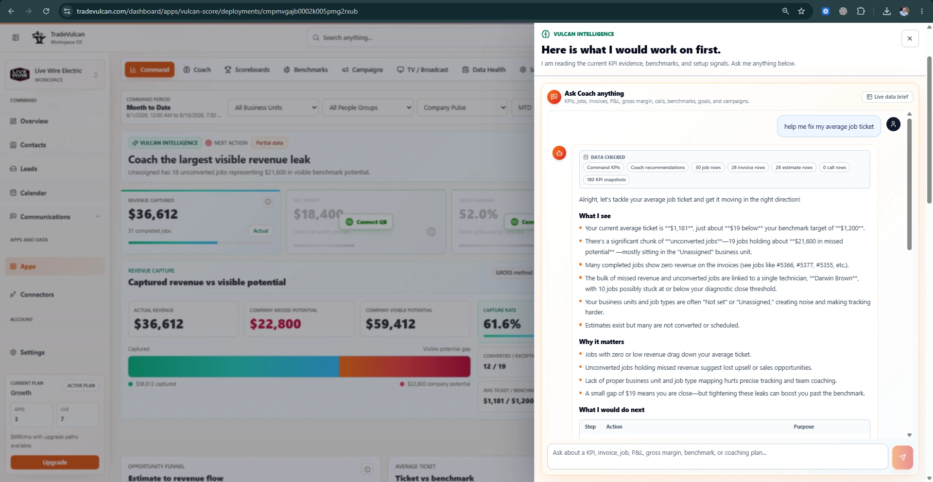 TradeVulcan’s Vulcan Intelligence workspace interface in a company-owned product screenshot.