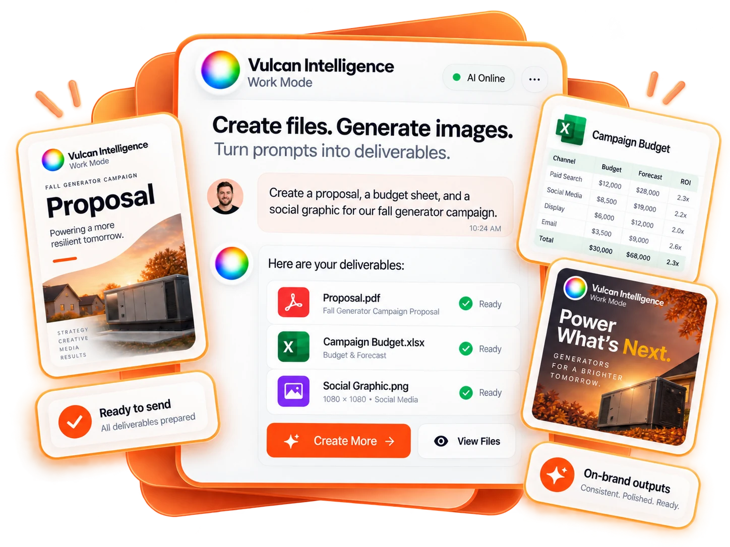 Vulcan Intelligence creating a proposal PDF, campaign budget spreadsheet, and branded social image in an illustrative Work Mode conversation.