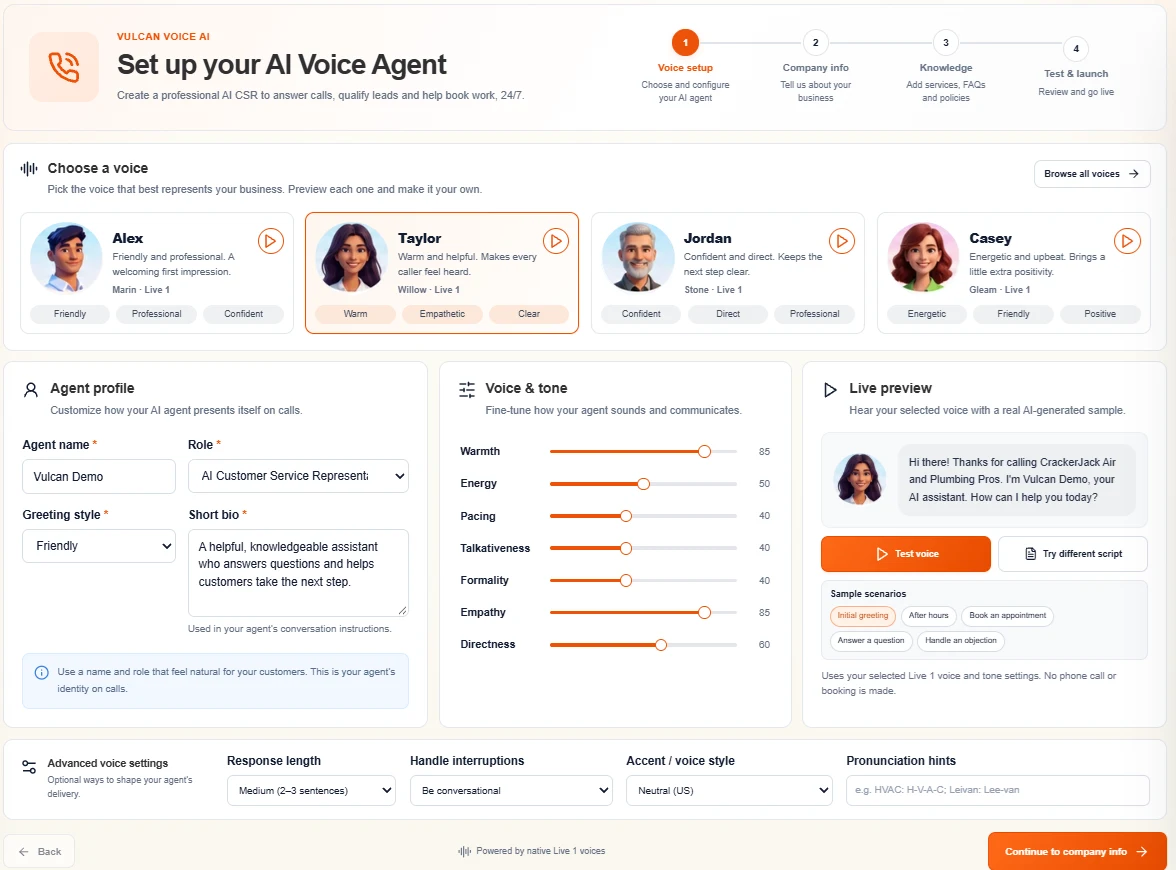 Vulcan Voice setup with four featured avatars, agent profile fields, tone preferences and audio preview