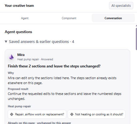 Web Spark Conversation panel showing Mira’s saved question, why it is needed, the proposed result, and the affected sections.