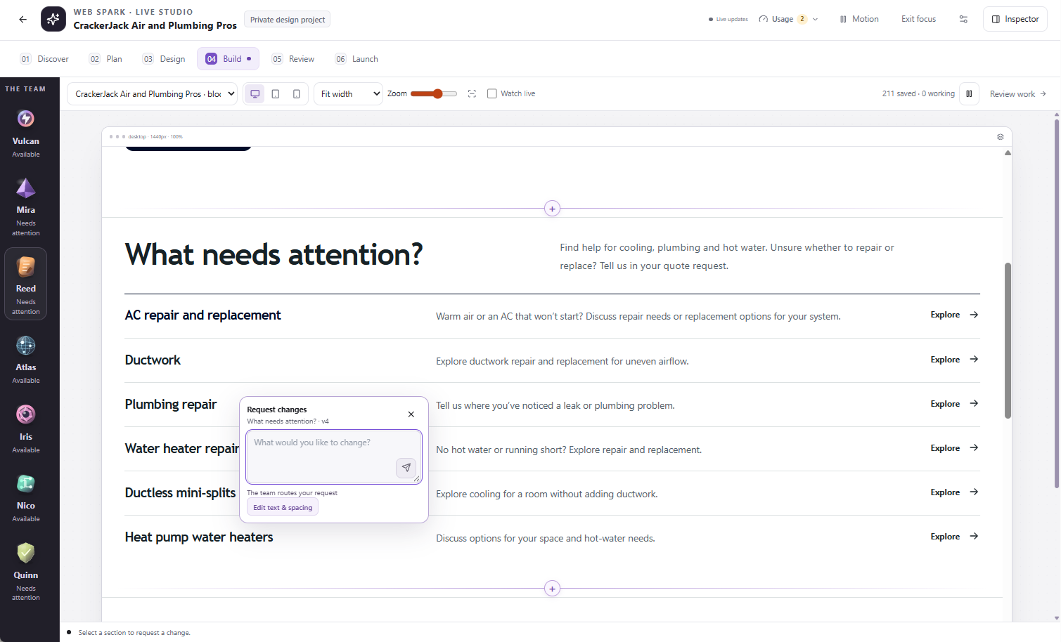 Web Spark Build canvas with a selected services section, the agent rail, and an open Request changes prompt.