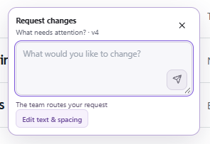 Close-up of the Web Spark Request changes box with a text field, send button, and Edit text & spacing control.