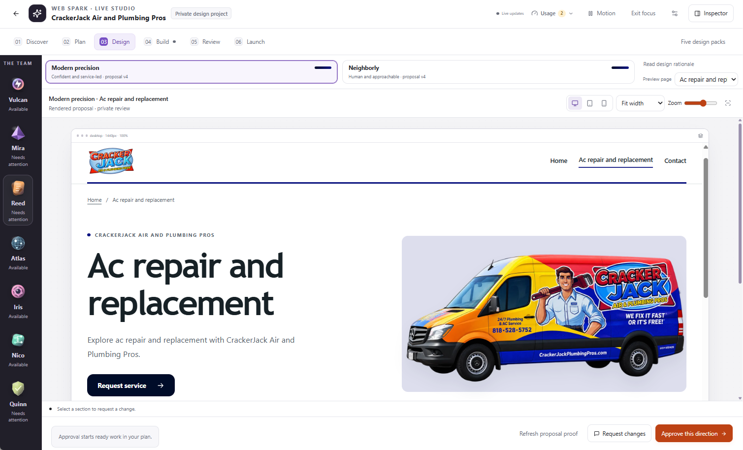 Web Spark Design stage comparing Modern precision and Neighborly, with an AC service-page preview and Request changes and Approve this direction controls.