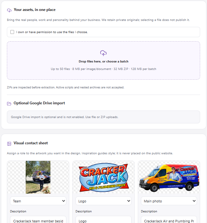 Web Spark Assets panel with a media-rights checkbox, upload area, optional Drive notice, and logo, team, and main-photo roles.