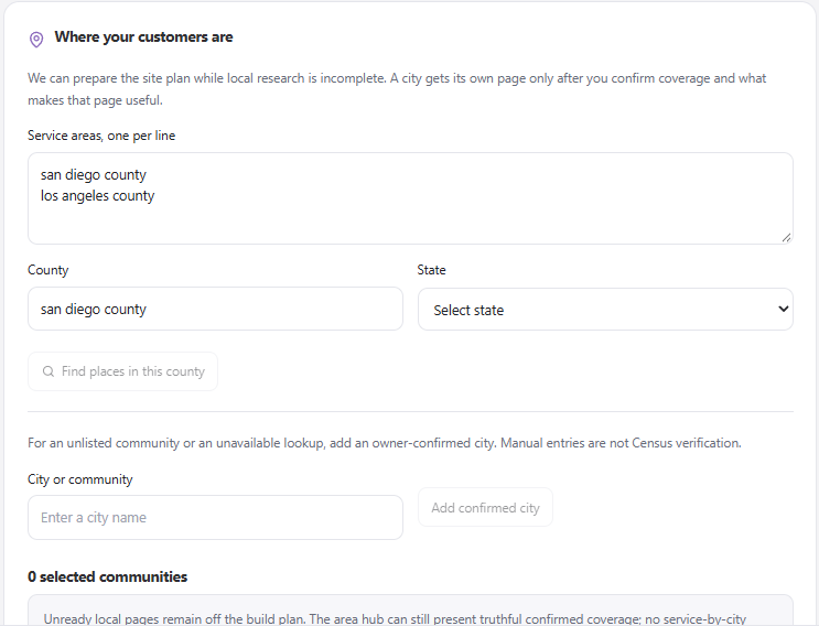 Web Spark Coverage form with service areas, county and state, a place lookup, and an owner-confirmed city field.